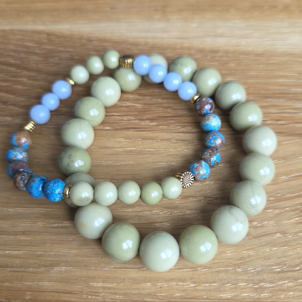Green Matcha Jasper & Blue Angelite Beads Stretch Bracelet Set, Handcrafted - Picture 3 of 13